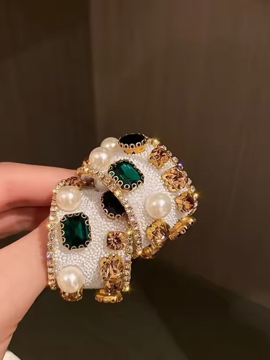 Anthropologie Jewelry - Gold Cluster Earrings with White Pearls and Green Accent